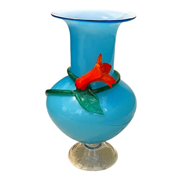Hand Blown Blue Case Art Glass Vase With Applied Orange Flower & GREEN VINE